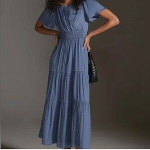 Anthropologie - The Somerset Satin Maxi Dress Cornflower Blue Petite Small